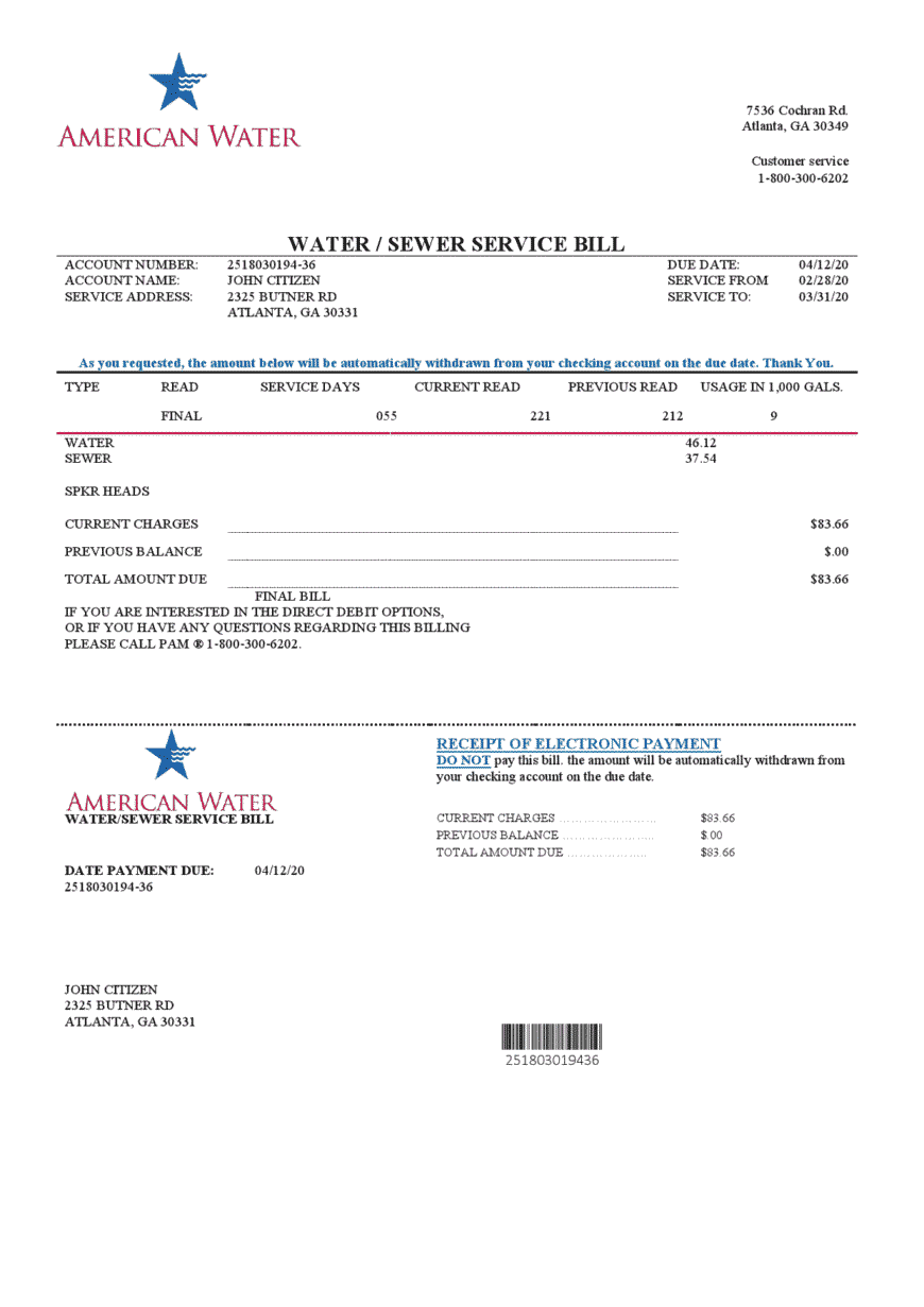 USA Georgia American Water Utility Bill Word And PDF Template