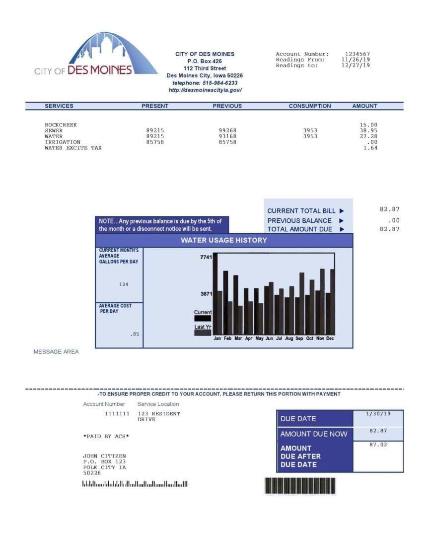USA Iowa City Of Des Moines Water Utility Bill Word And PDF Template