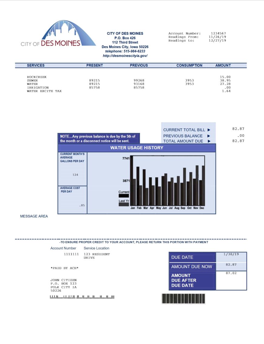 USA Lowa City Of Des Moines Water Utility Bill Word And PDF Template