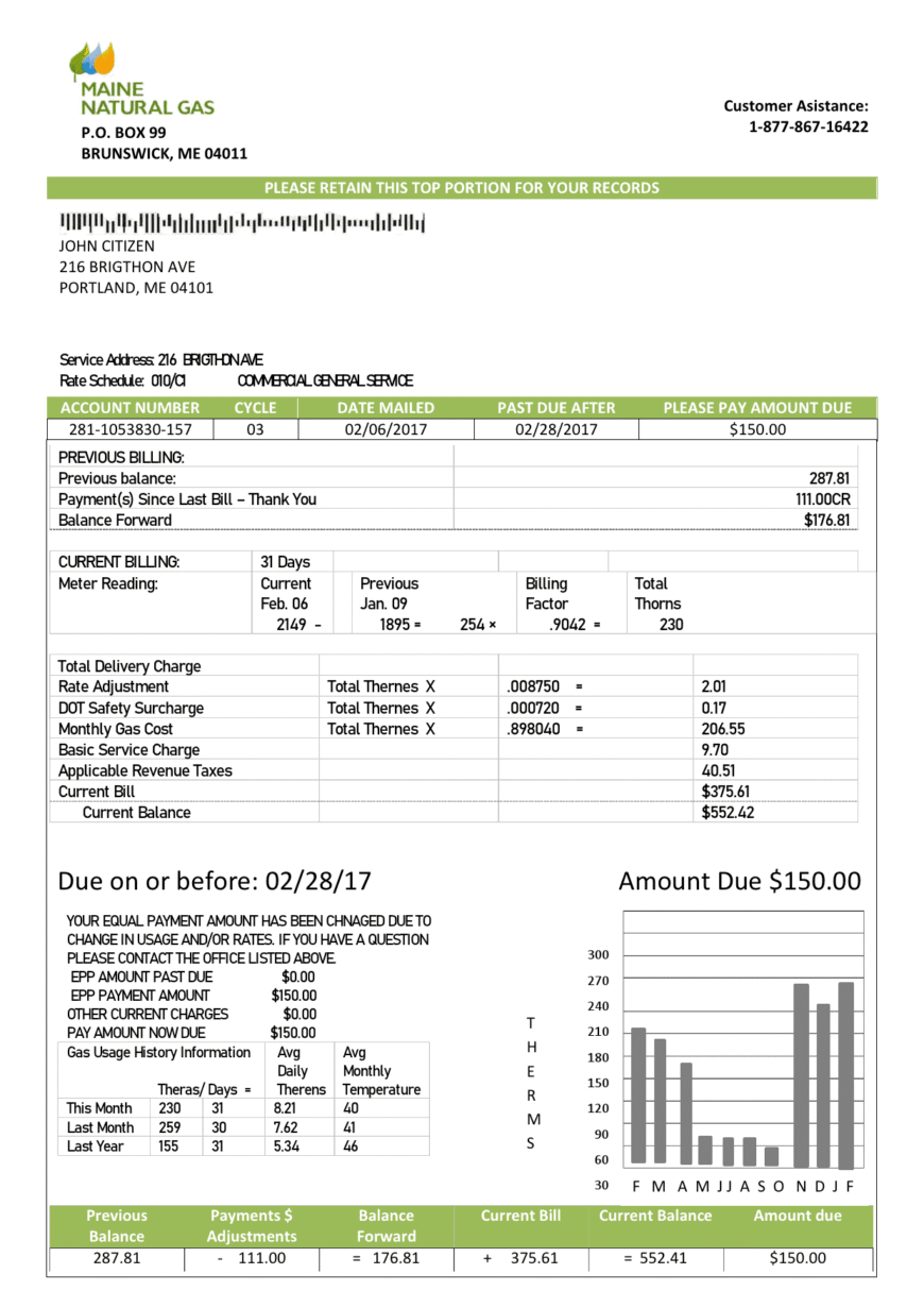 USA Maine Natural Gas Portland Utility Bill Template In Word And PDF Format
