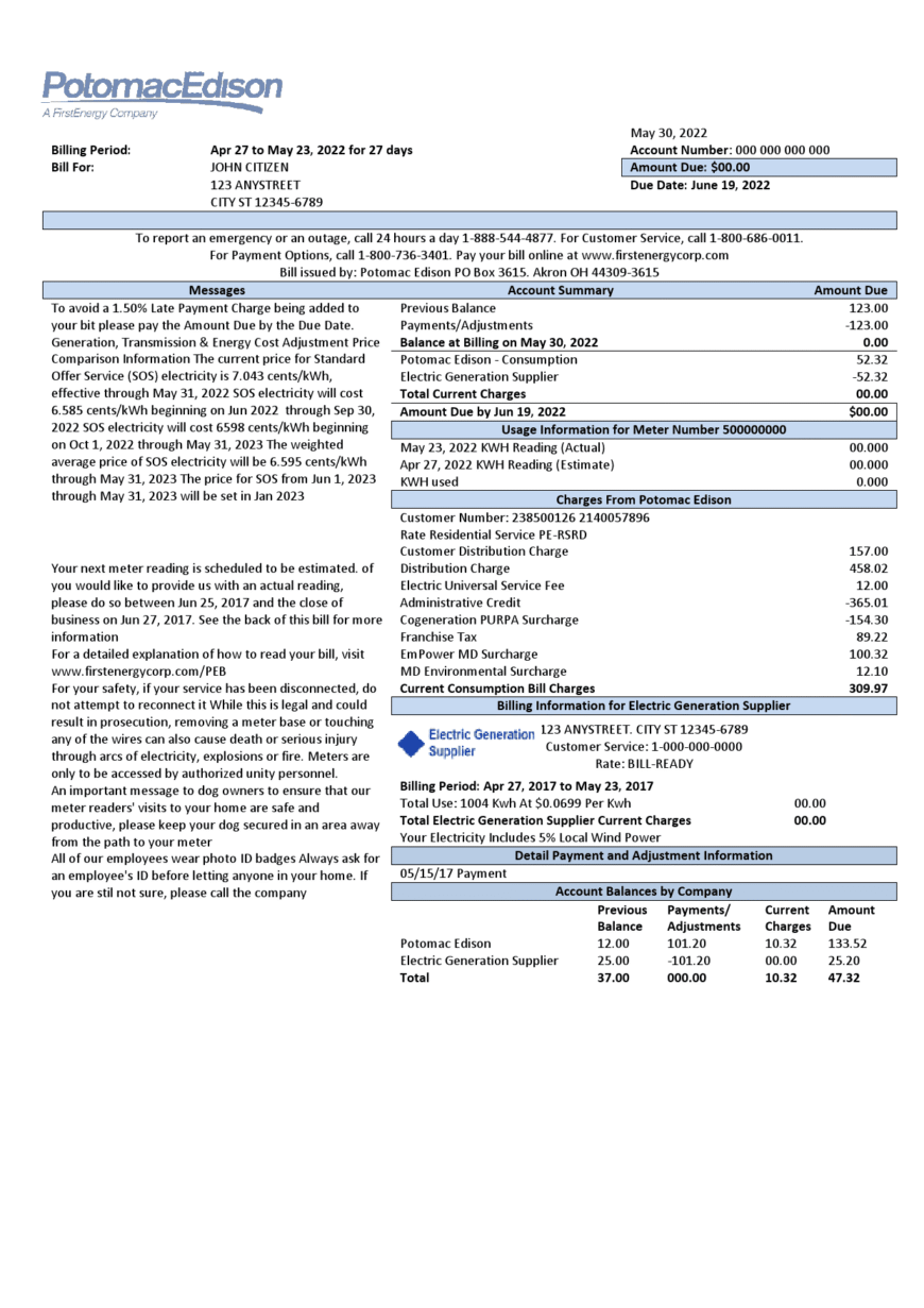 USA Maryland Potomac Edison Utility Bill Word And PDF Template 2 pages