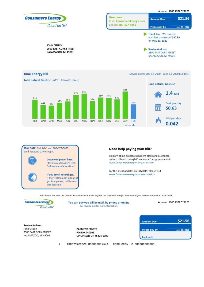 USA Michigan Consumers Energy Utility Bill Template In Word And PDF Format In Format