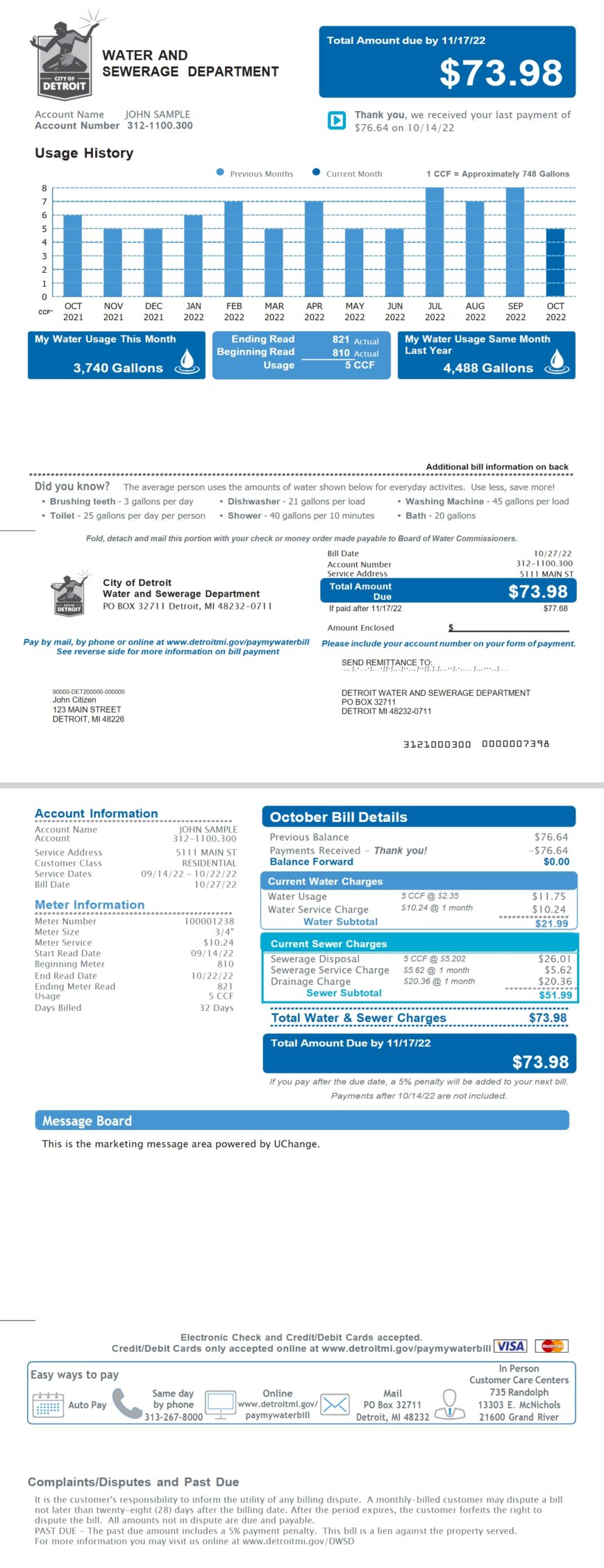 USA Michigan Water And Sewerage Department Utility Bill Word And PDF Template 2 pages