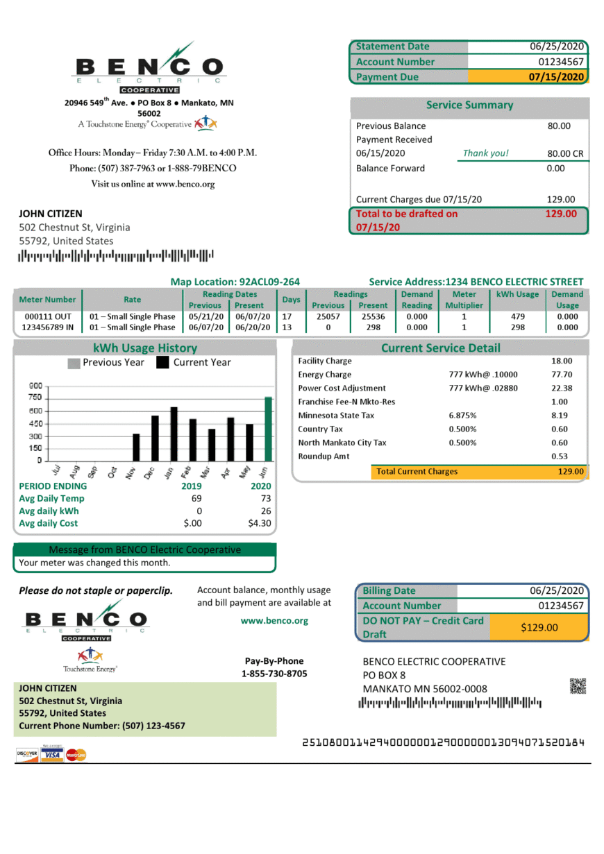 USA Minnesota Benco Elecric Electricity Easy Fillable Utility Bill Template