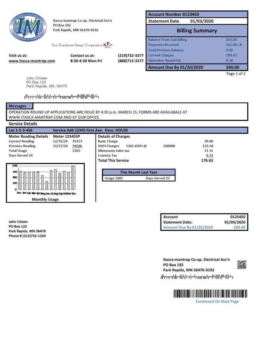 USA Minnesota Itasca Mantrap Electricity Utility Bill Word And PDF Template 2 pages
