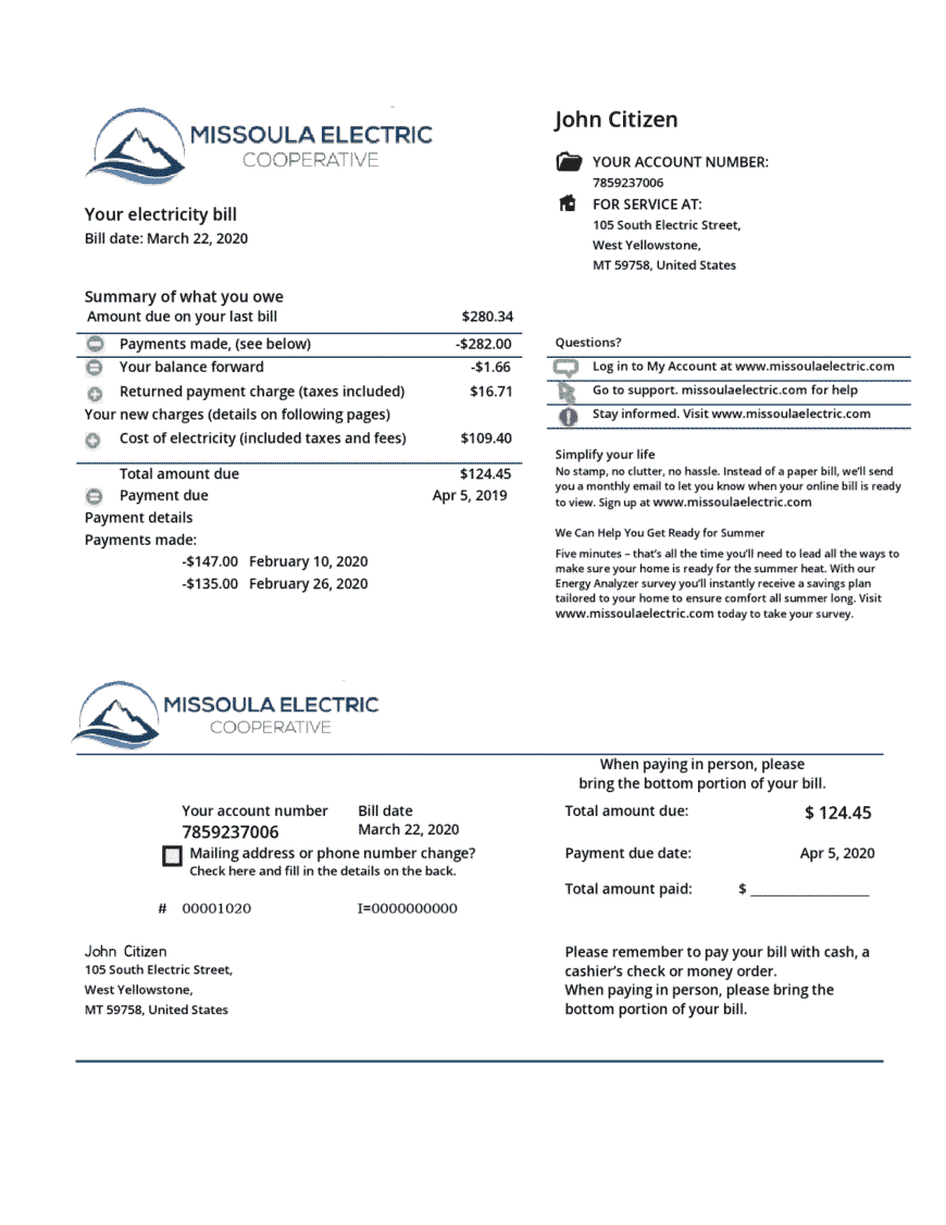 USA Montana Missoula Electric Cooperative Electricity Utility Bill Word And PDF Template