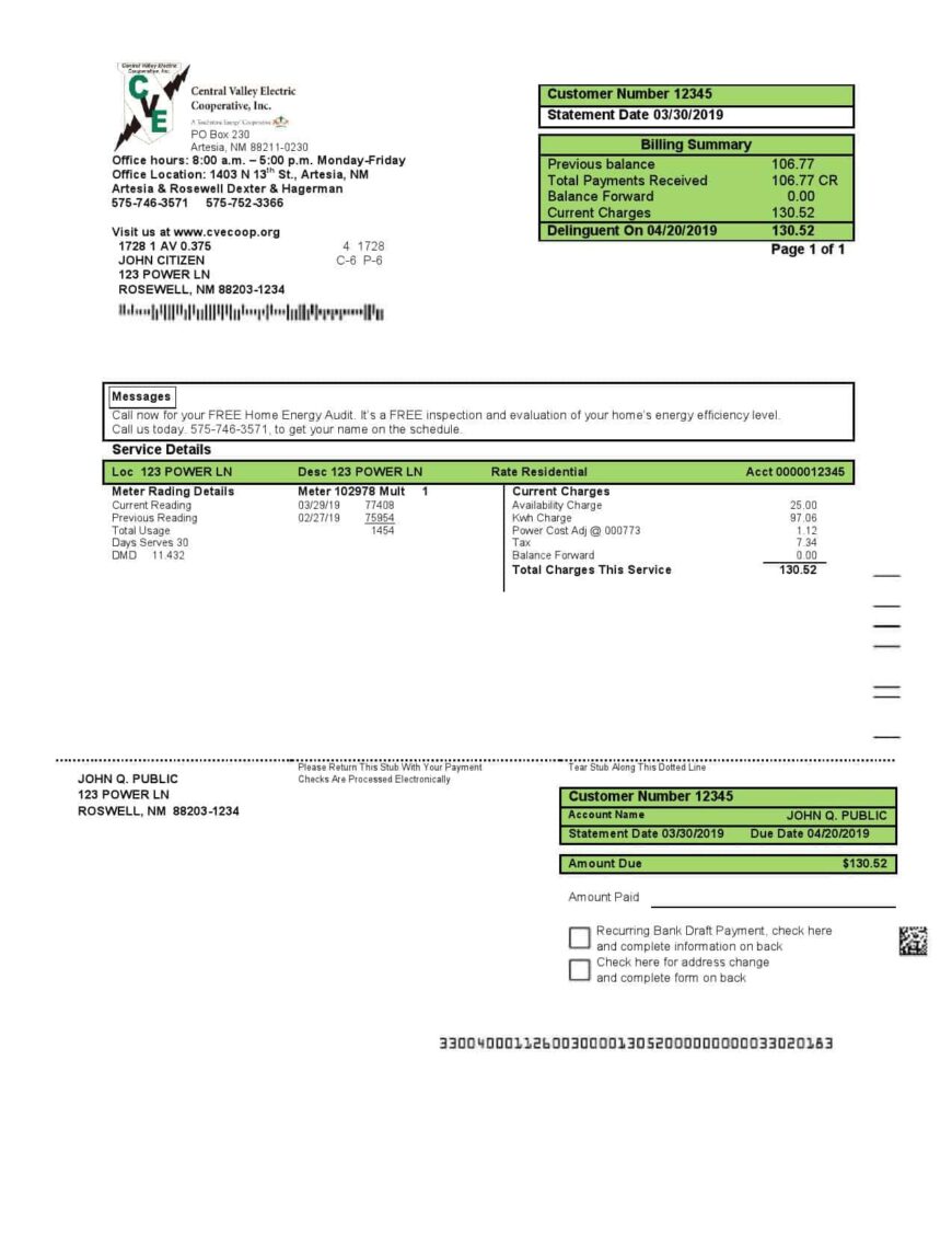 USA New Mexico Electricity Utility Bill Word And PDF Template