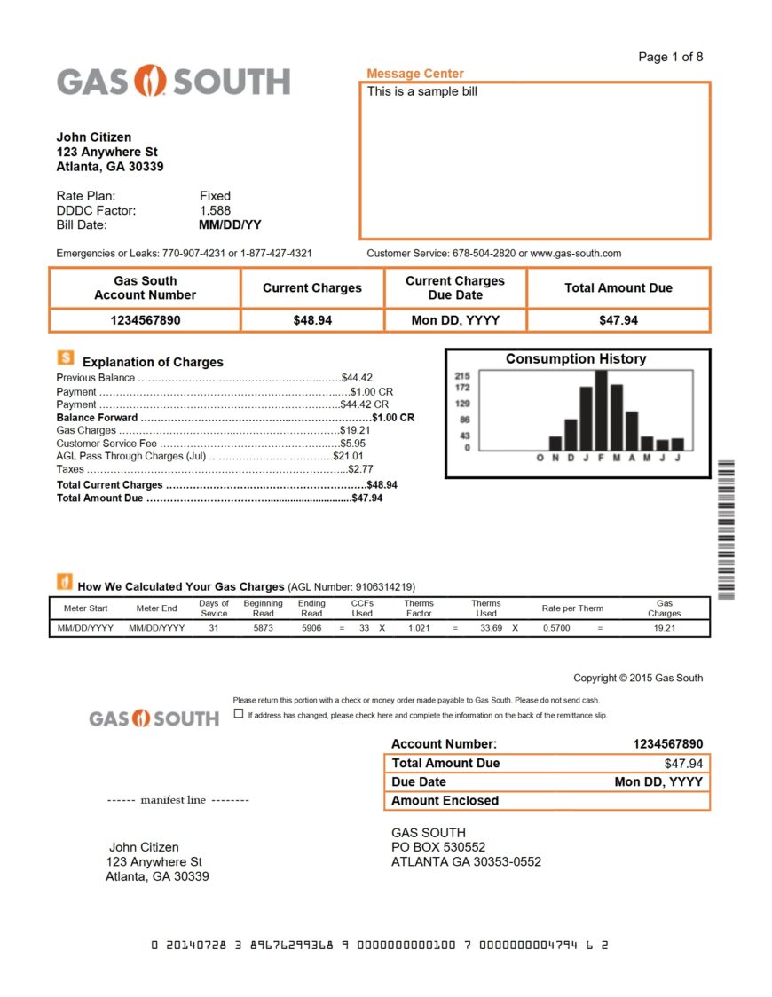 USA New York Gas South Utility Bill Word And PDF Template
