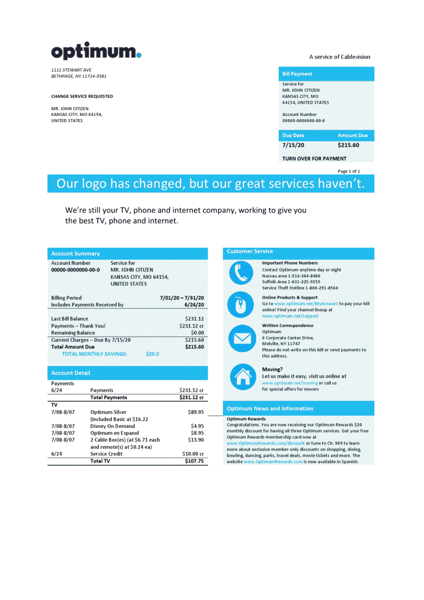 USA New York Optimum Cablevision Bill Word And PDF Template