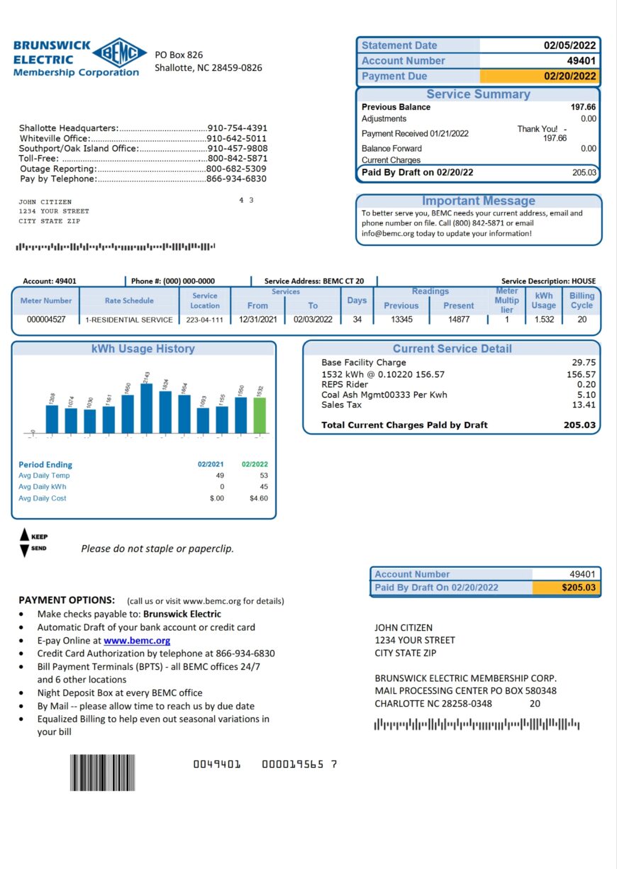 USA North Carolina Brunswick Electric Utility Bill Word And PDF Template