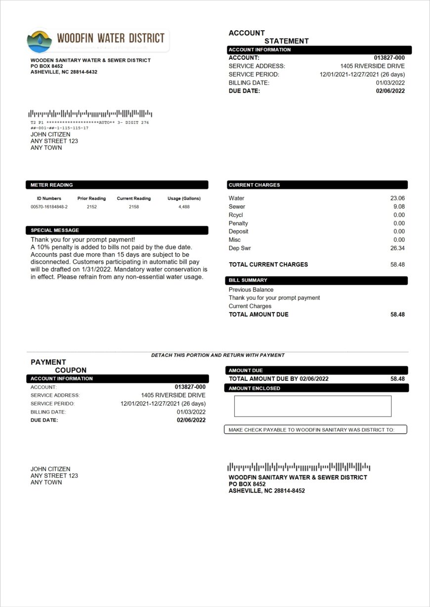USA North Carolina Woodfin Sanitary Water Sewer District Utility Bill Word And PDF Template