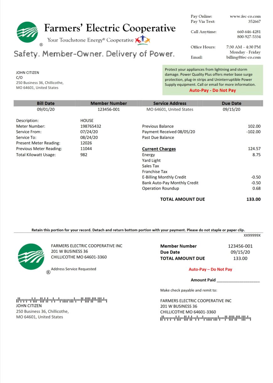 USA Ohio Farmers Electric Cooperative Utility Bill Word And PDF Template