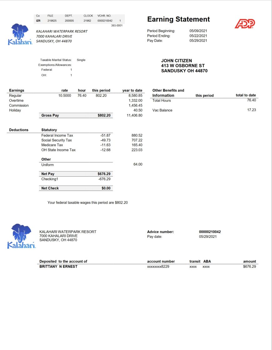 USA Ohio Kalahari Waterpark Resort Utility Bill Word And PDF Template