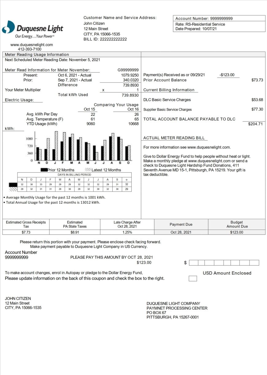 USA Pennsylvania Duquesne Light Company Utility Bill Word And PDF Template