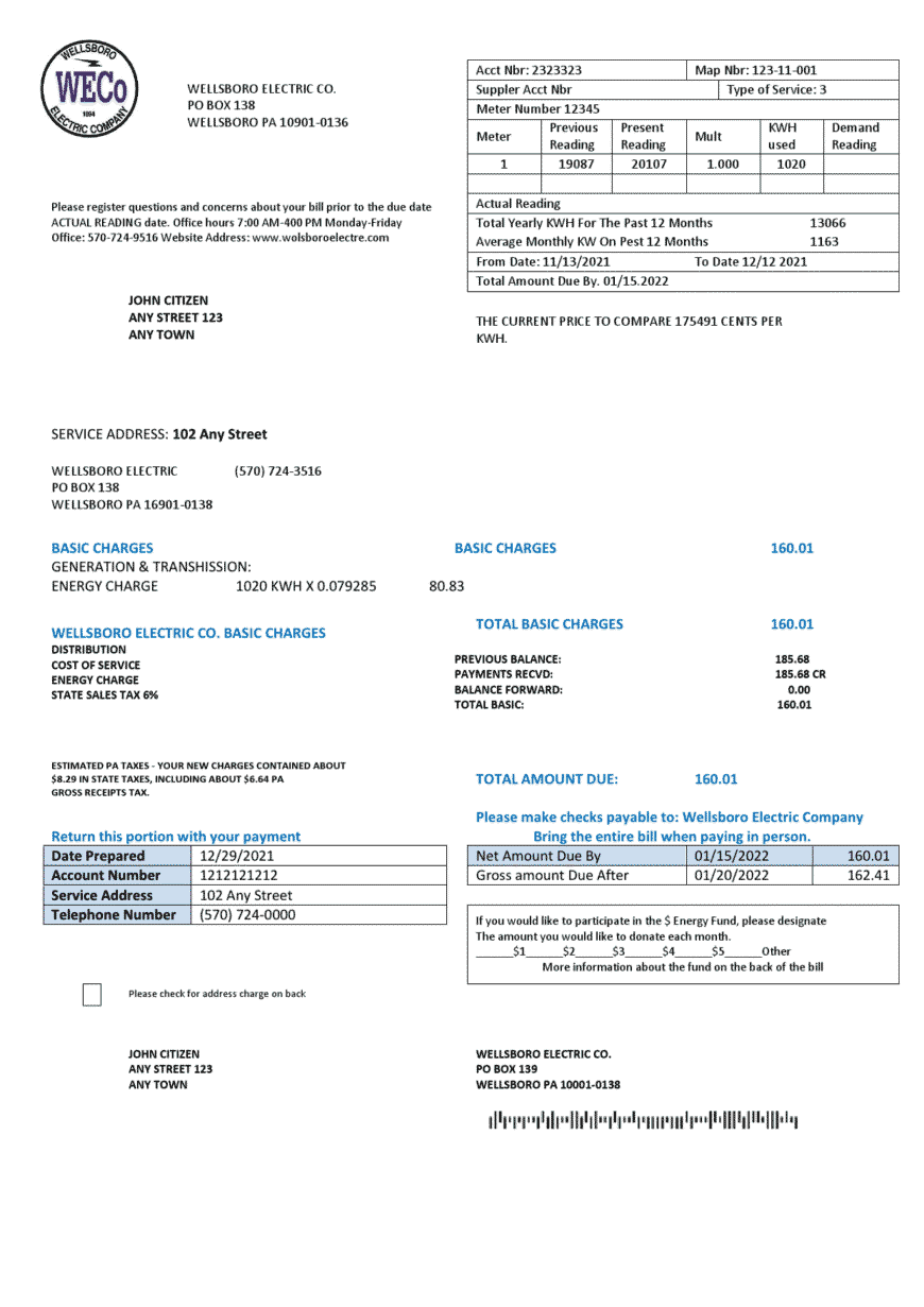 USA Pennsylvania Wellsboro Electric Utility Bill Word And PDF Template