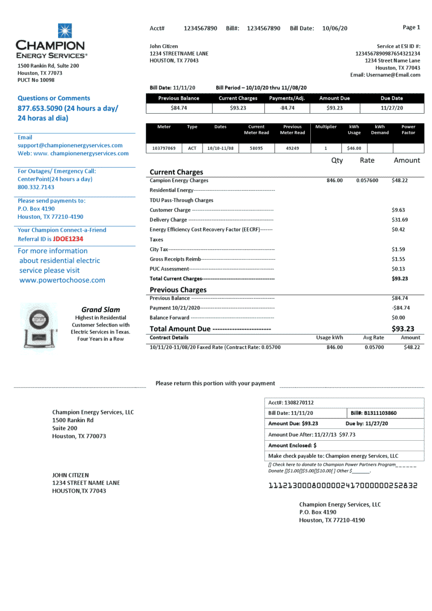 USA Texas Champion Energy Services Word And PDF Utility Bill Template