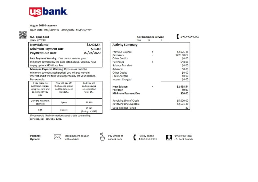 USA U.S. Bank Credit Card Statement Template