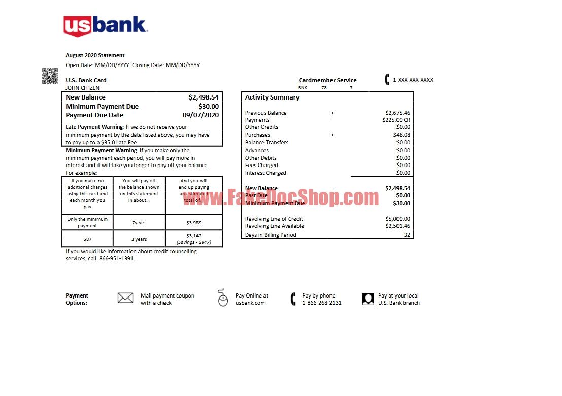 USA U.S. Bank Credit Card Statement Template
