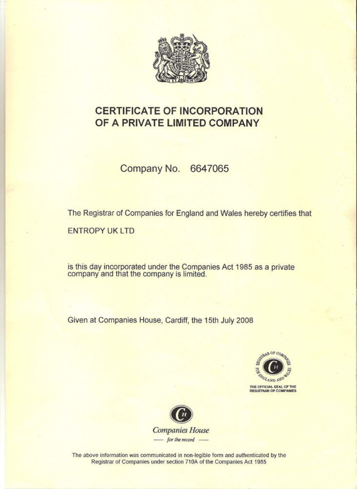 United Kingdom Entropy UK Ltd Certificate of Incorporation Template in Word and PDF Format