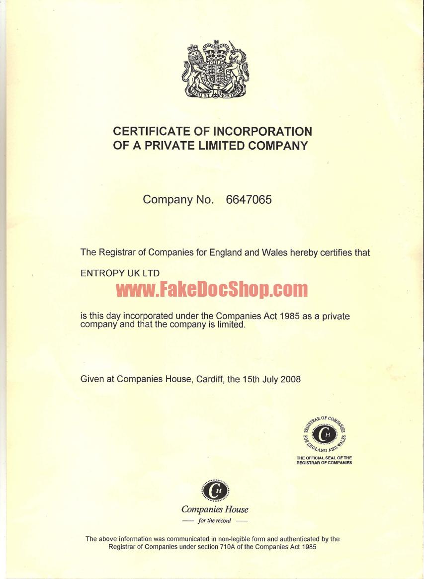 United Kingdom Entropy UK Ltd Certificate of Incorporation Template in Word and PDF Format