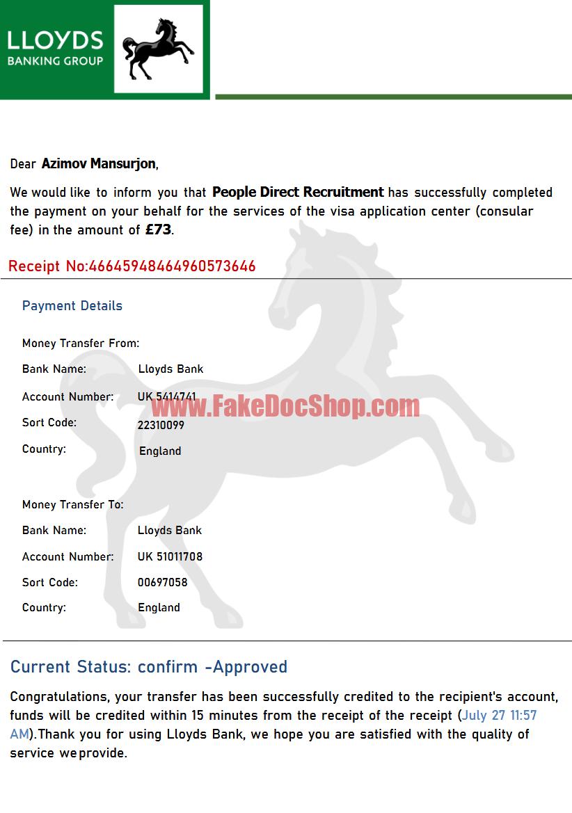 United Kingdom Lloyds Bank Payment Receipt Template in Word and PDF Format