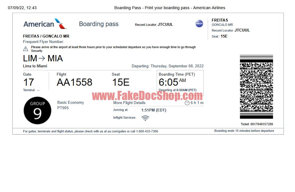 United States American Airlines Boarding Pass Template in Word and PDF Format
