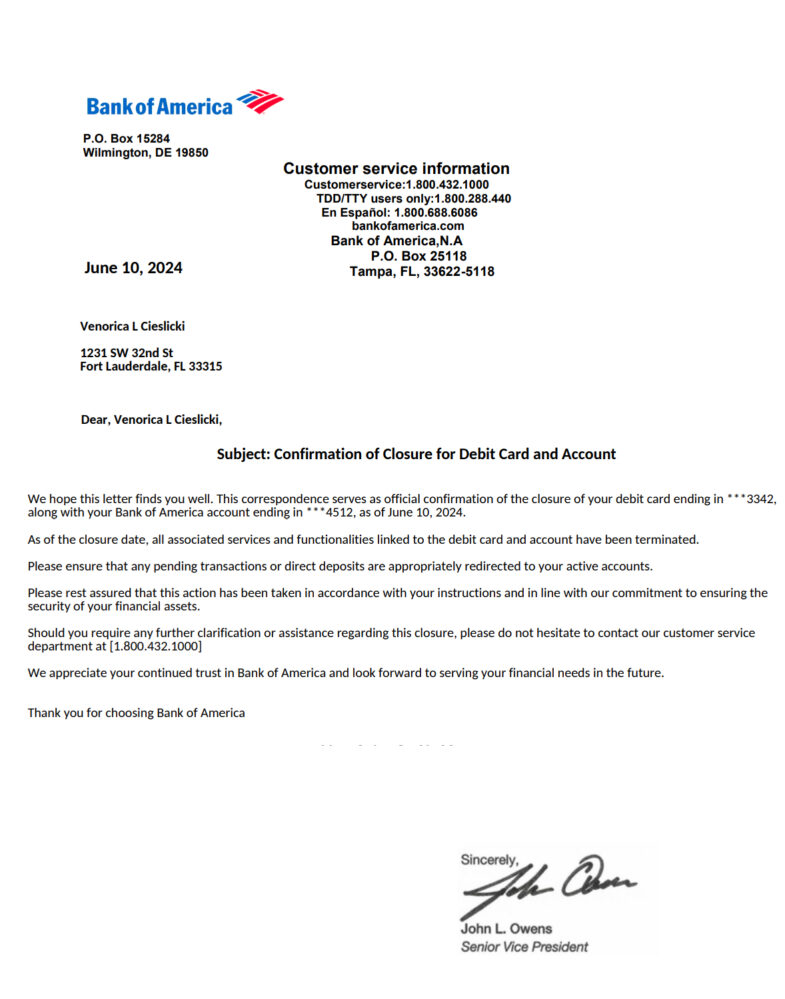 United States Bank of America Account Closure Confirmation Template in Word and PDF Format