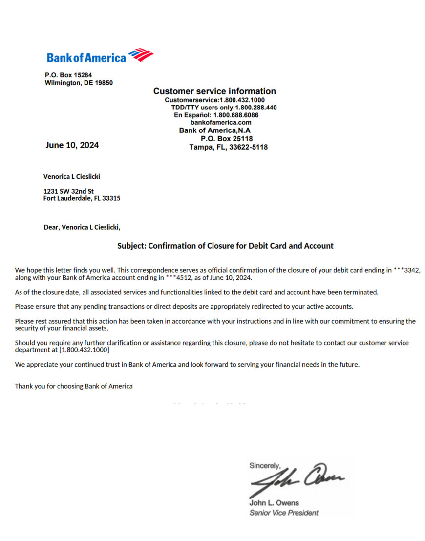 United States Bank of America Account Closure Confirmation Template in Word and PDF Format