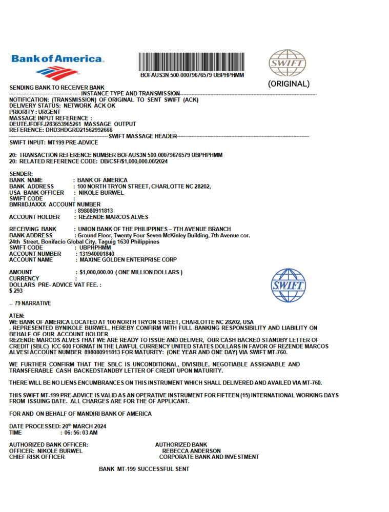 United States Bank of America swift Message Template in Word and PDF Format