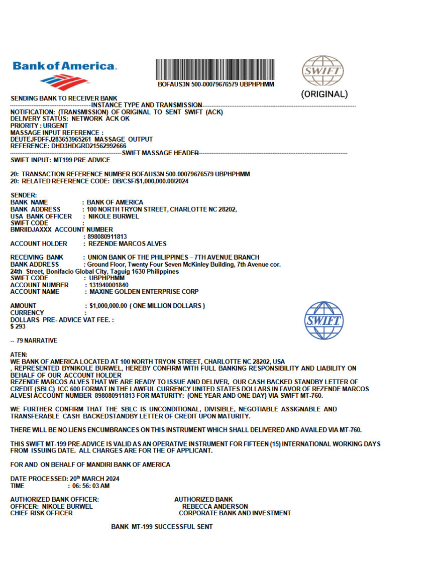 United States Bank of America swift Message Template in Word and PDF Format