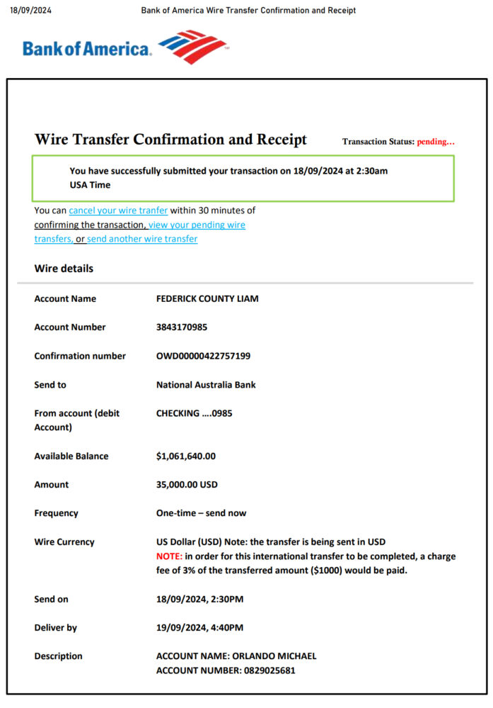 United States Wells Fargo Wire Transfer Confirmation Template in Word and PDF Format