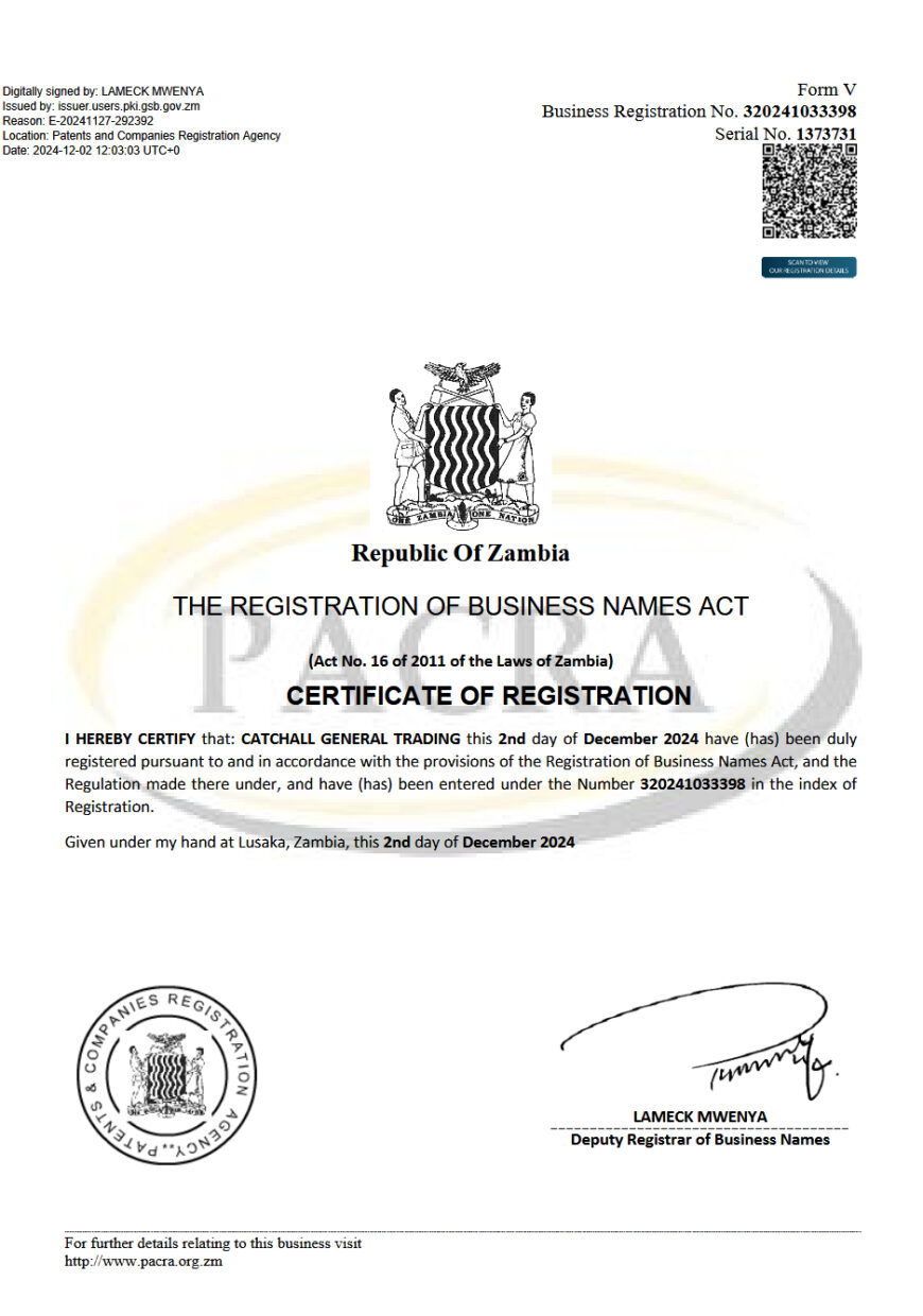 Zambia Certificate of Business Registration Template in Word And PDF Format