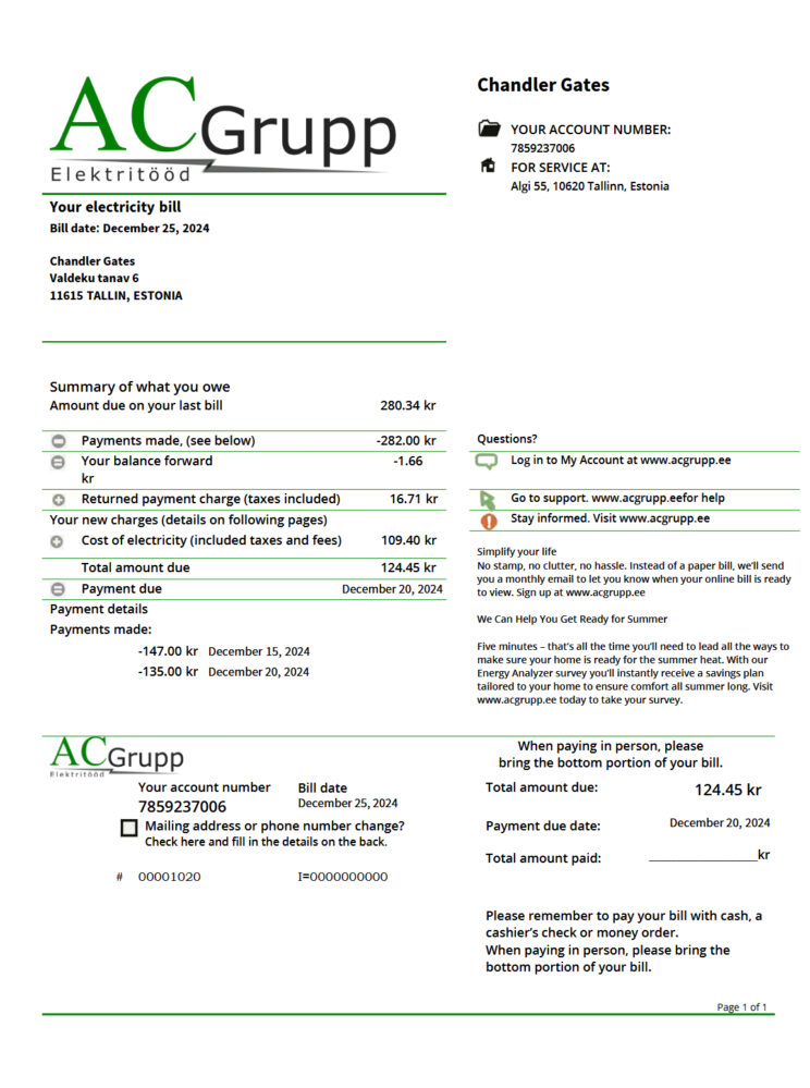 ACGrupp Estonia Electricity Bill Template - A Customizable Guide in PDF and Word Format