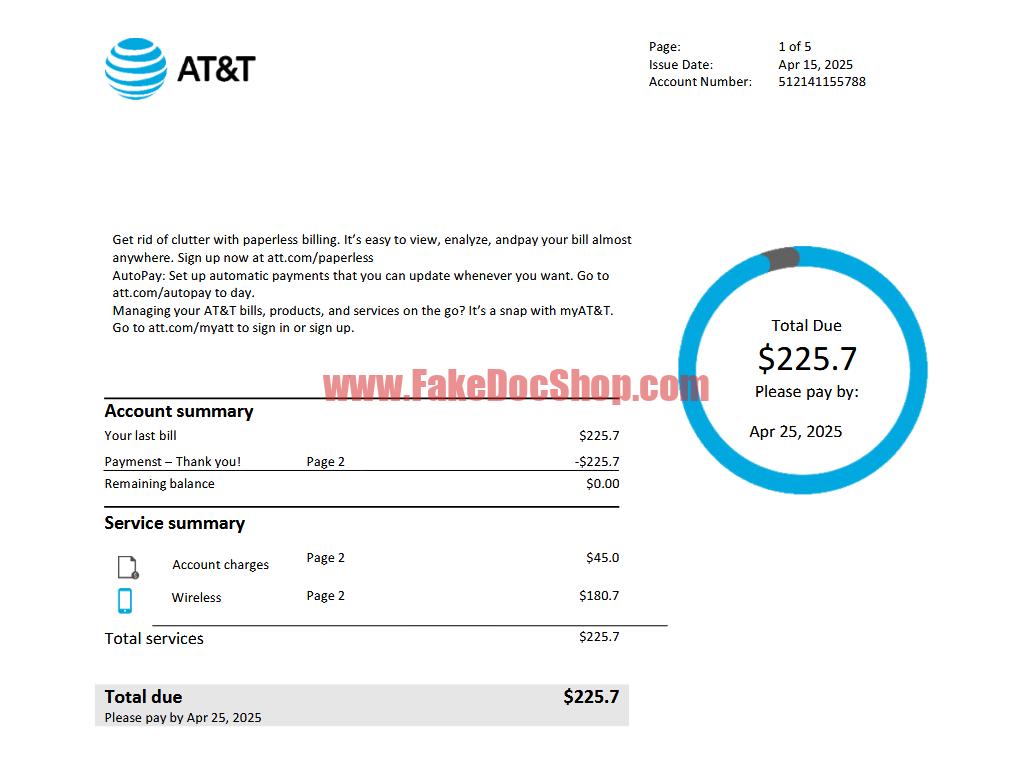 AT&T USA Utility Bill Statement Template 2025- A Detailed Guide in PDF and Word Format