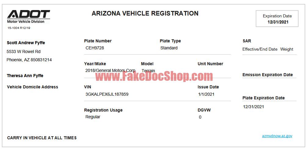 Arizona USA Vehicle Registration Template