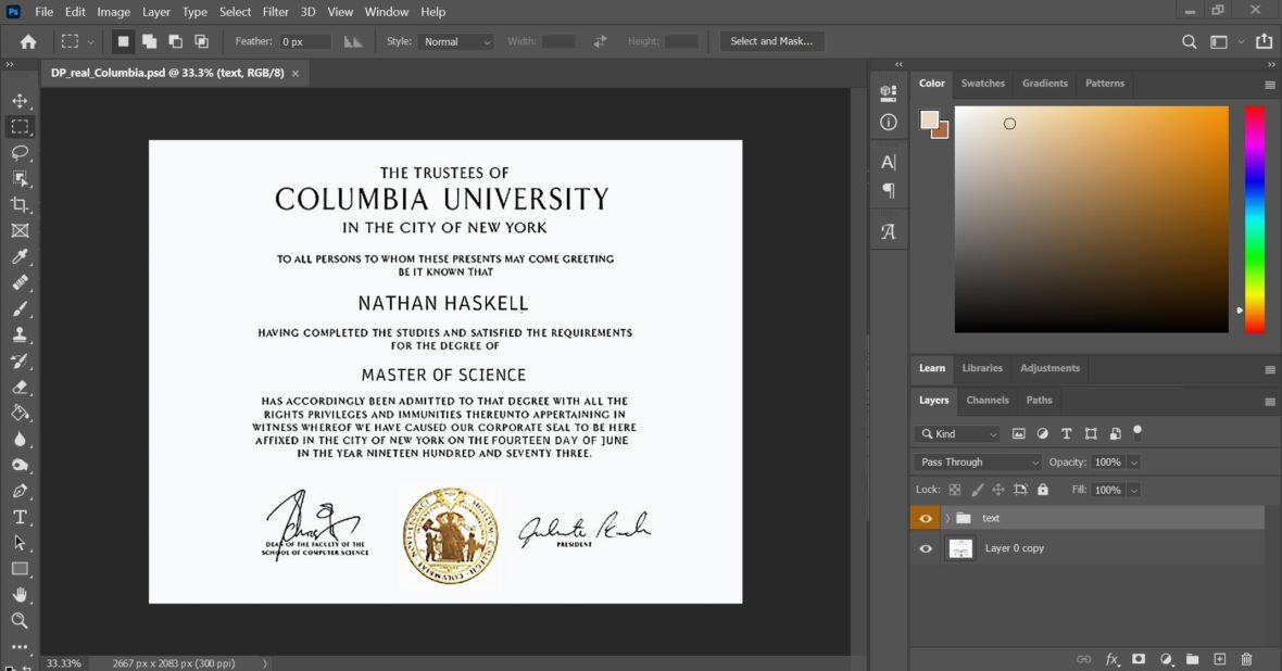Authentic Looking Fake Certificate From Columbia University PSD Template