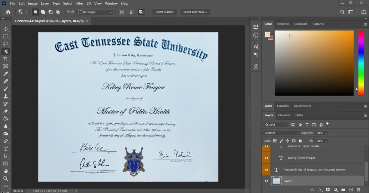 Authentic Looking Fake Certificate From East Tennessee State University PSD Template