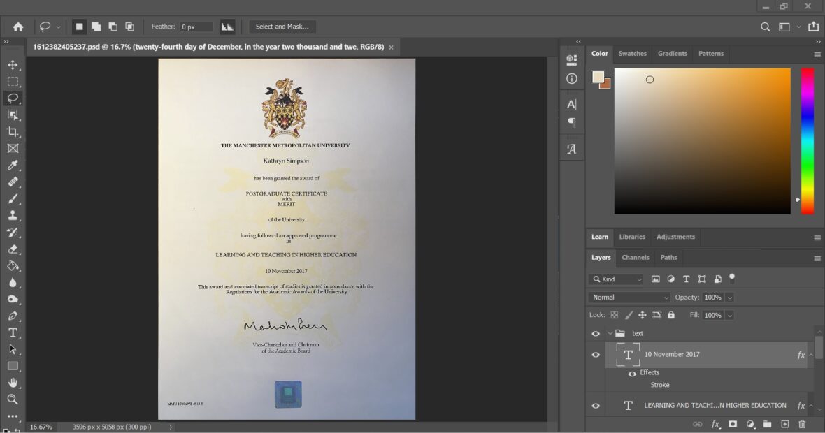 Authentic Looking Fake Certificate From Manchester Metropolitan University PSD Template
