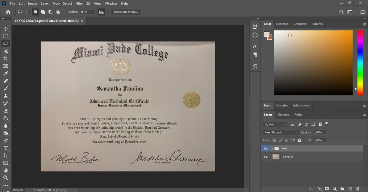 Authentic Looking Fake Certificate From Miami Dade College PSD Template