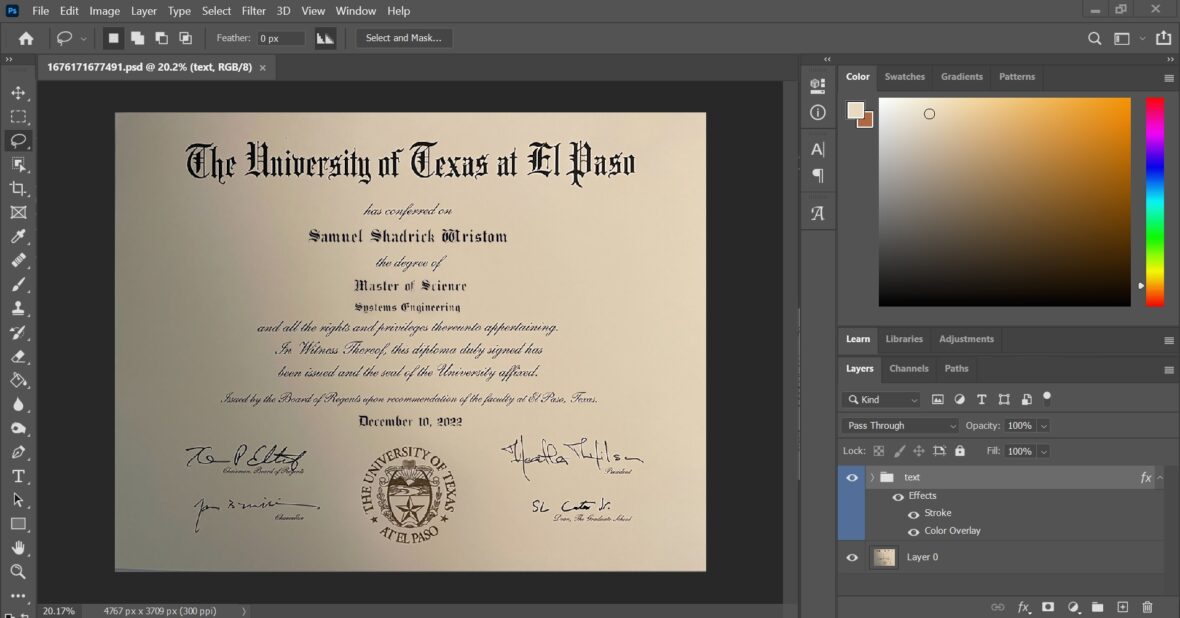 Authentic Looking Fake Certificate From UT El Paso University PSD Template