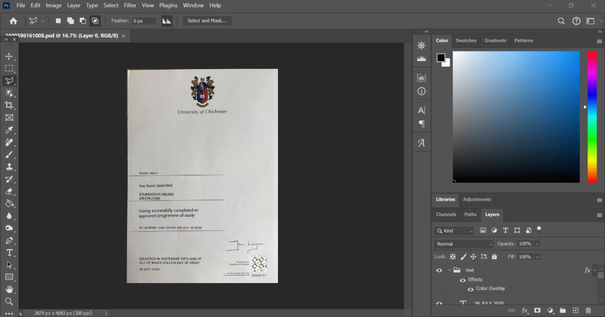 Authentic Looking Fake Certificate From University Of Chichester PSD Template