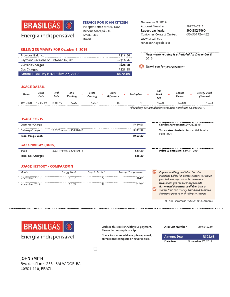 Brazil Gas Utility Bill Word And PDF Template