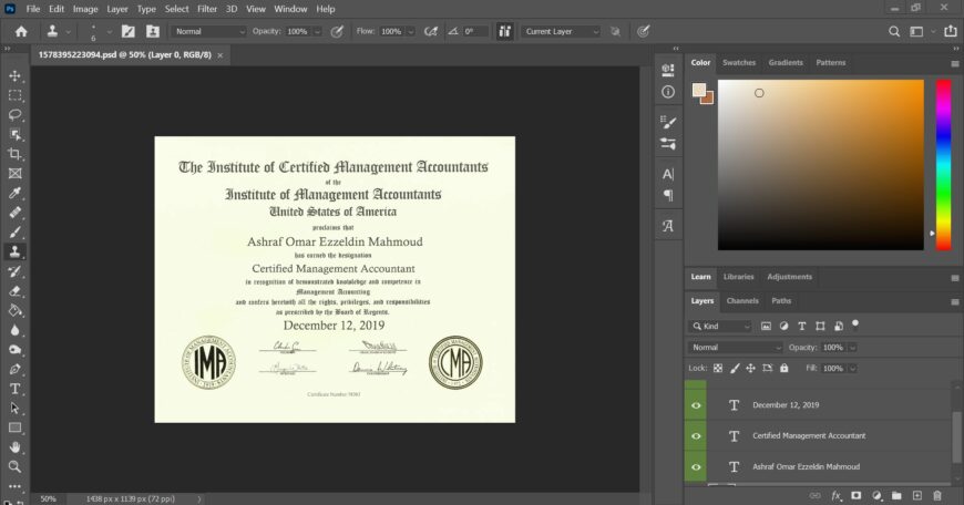 CMA Institute Certificate PSD Template