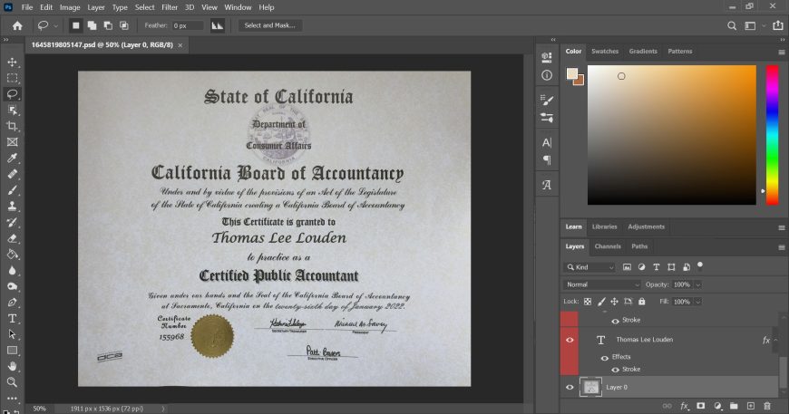 California Board Of Accountancy Certificate PSD Template