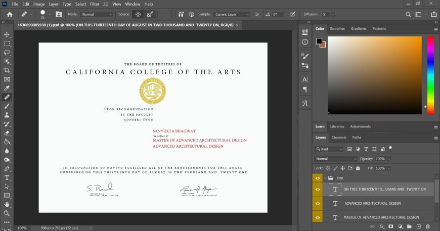 California College Of The Arts Certificate PSD Template