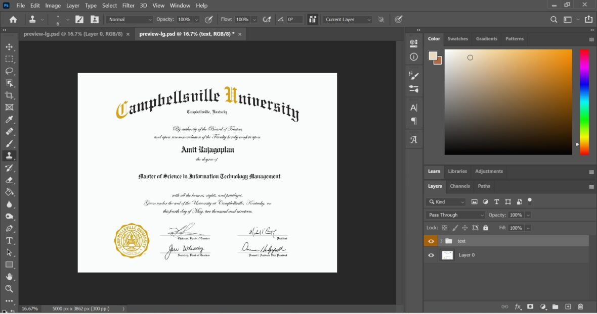 Campbellsville University Certificate PSD Template