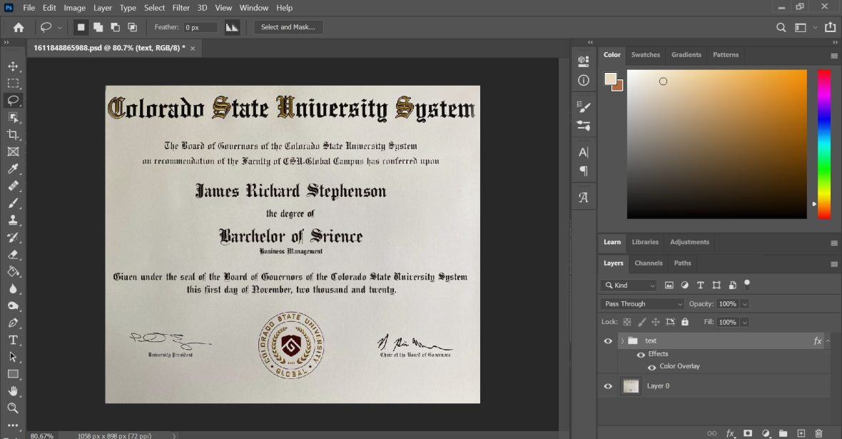 Colorado State University Certificate PSD Template