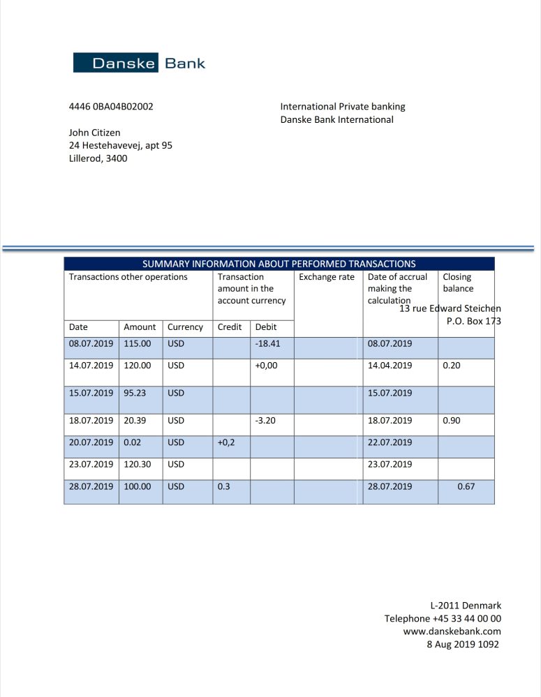 Denmark Danskebank Bank Statement Word And PDF Template