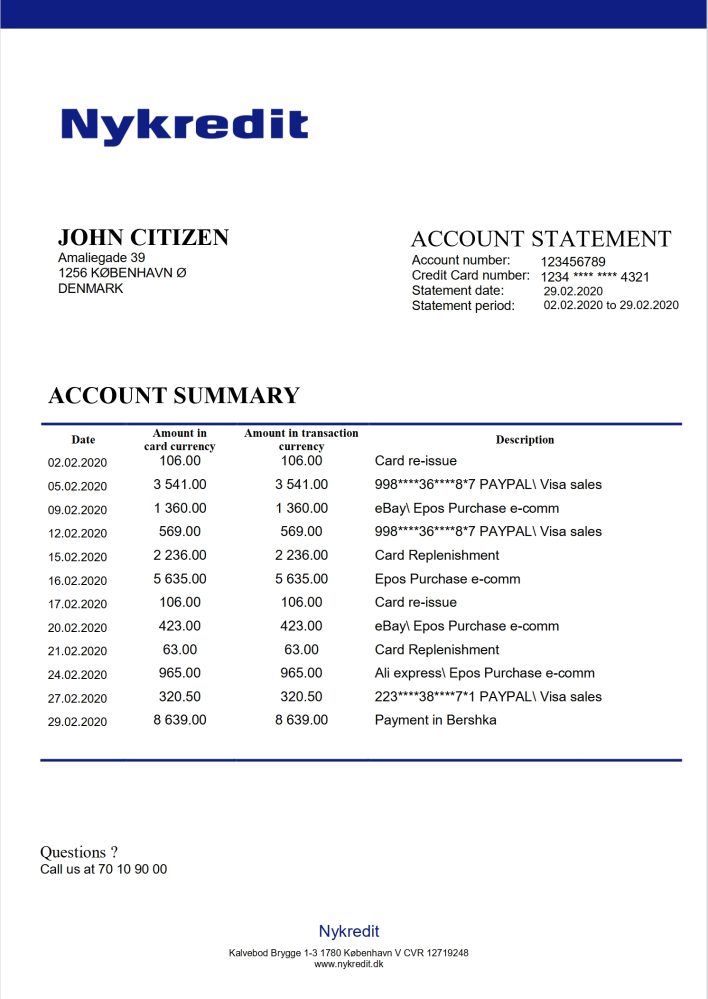 Denmark Nykredit Bank Statement Template