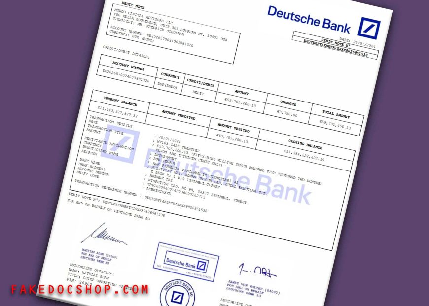 Deutsche Bank Debit Note Template in Word And PDF Format